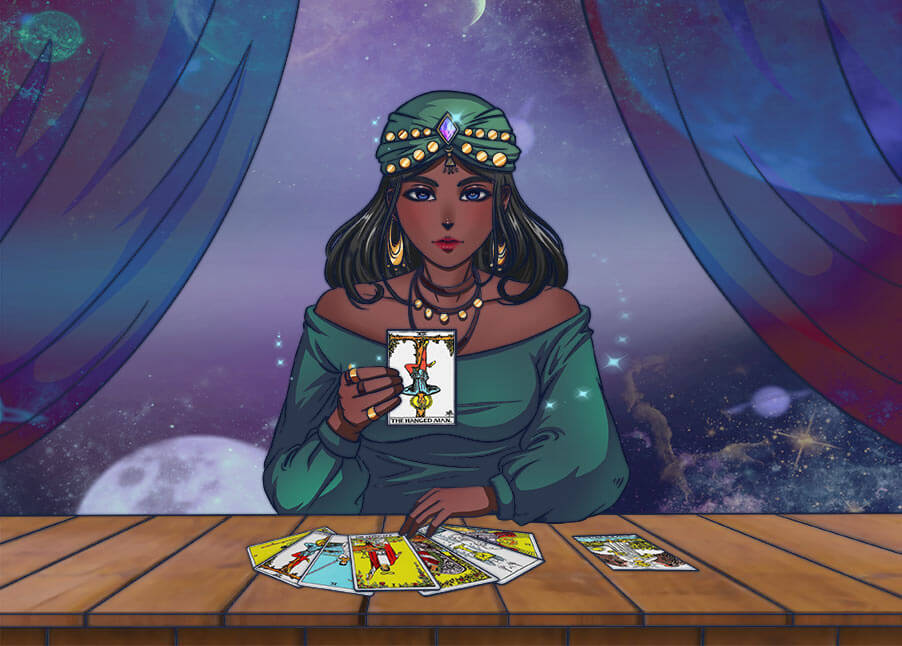 A female fortune teller shows tarot cards